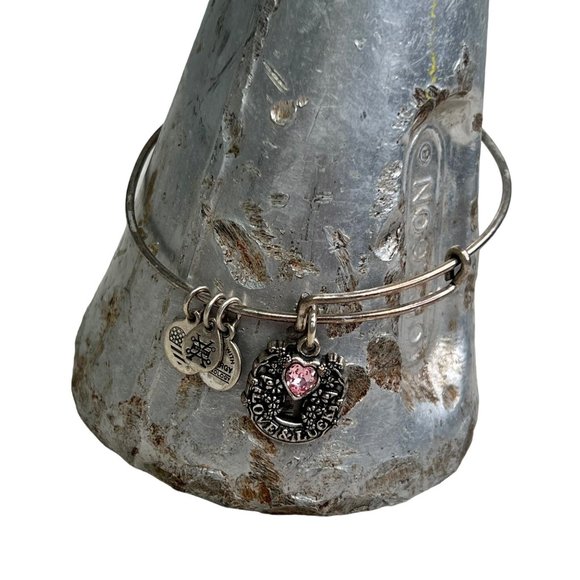 Alex and Ani Silver Tone Expandable Bracelet Love and Luck Pink Stone Charm - Picture 1 of 8